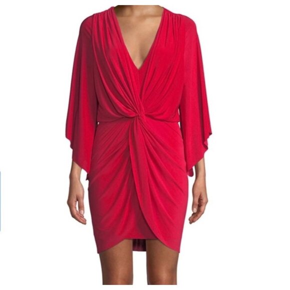 MISA Los Angeles Red Teget Dress Knot Front Bell Sleeves V Neck Draped Ruched‎ S - Picture 3 of 12